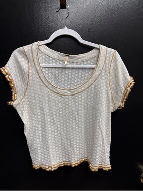 Y2k Free people cream Knit Scoop Neck Top with Gold Trim, sheer daisy print. L